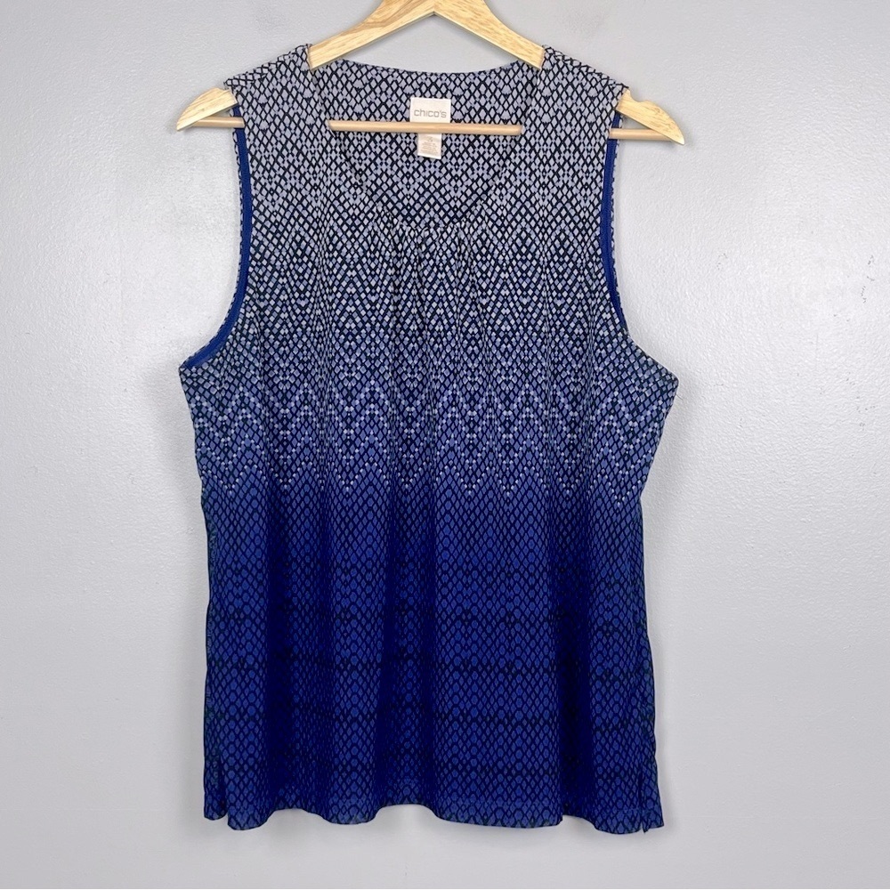 Chico’s blue mesh overlay lined sleeveless blouse top, size XL.